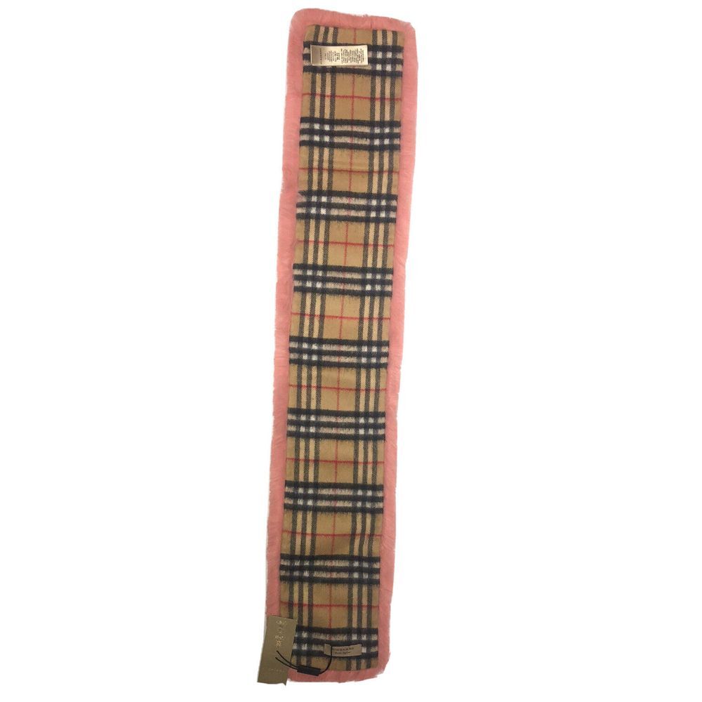 Burberry Vintage Check Cashmere Solid Pale Pink Faux Fur Scarf Italy New‎ - Picture 3 of 11